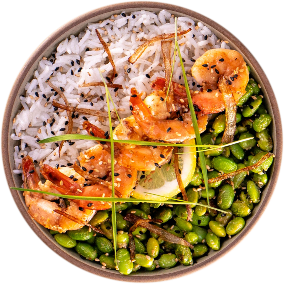 Garlic Shrimp with Edamame and Coconut Rice Innit